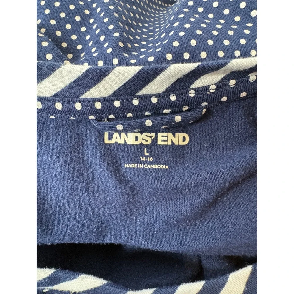 Lands End Womens Navy Polka Dot Pajama Set Long Sleeve Top and Pants Large 14-16